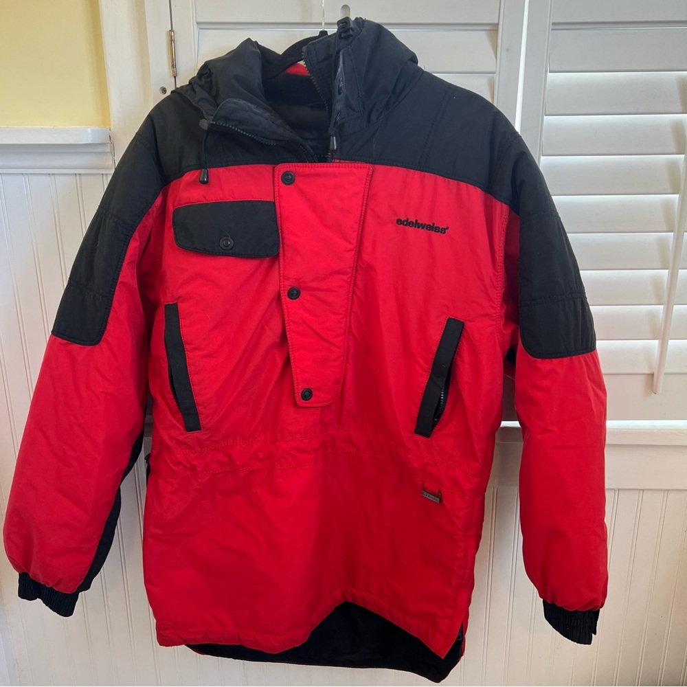 Edelweiss Skiwear Vintage Red & Black Colorblock 1/2 Zip Hooded Ski Jacket